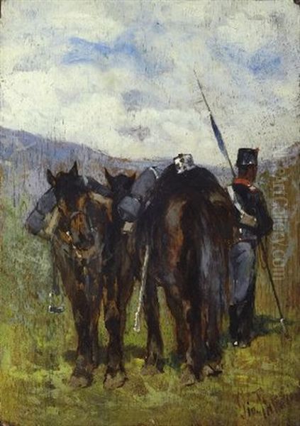 Soldato Con Due Cavalli Oil Painting by Giovanni Fattori