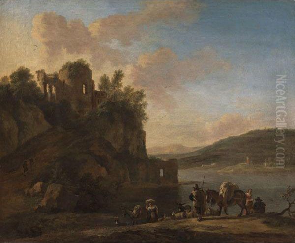 An Italianate River Landscape With Herders On A Path With Their Flock And Donkeys, Classical Ruins On A Hilltop Beyond Oil Painting by Jan Asselyn