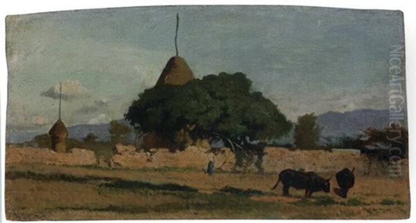 Bufline In Tombolo, Campagna Con Bufali Al Pascolo Oil Painting by Giovanni Fattori