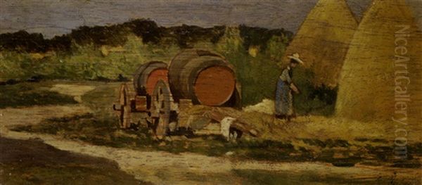 Le Botti Rosse - Or Campagna Con Carri, Contadina E Pagliai Oil Painting by Giovanni Fattori