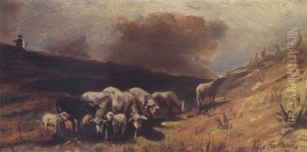 Cows And Sheep In A Stormy Landscape Oil Painting by Giovanni Fattori