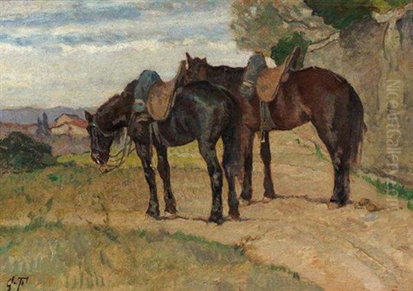 Resting The Horses Oil Painting by Giovanni Fattori