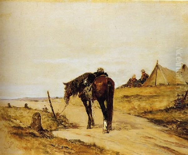 Cavallo E Due Soldati A Riposo Oil Painting by Giovanni Fattori