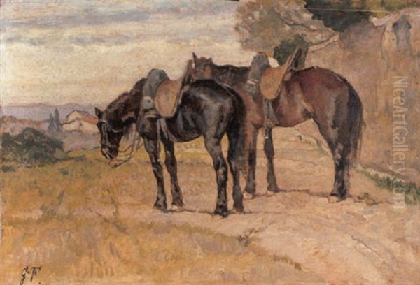 Due Cavalli Sellati Oil Painting by Giovanni Fattori