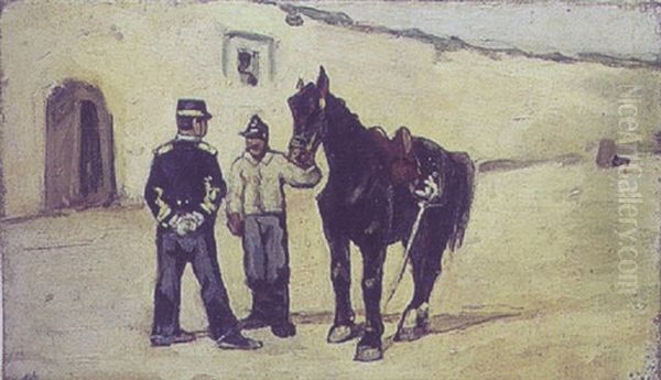 Oppasser, Der Kommer Med Officerens Hest Oil Painting by Giovanni Fattori