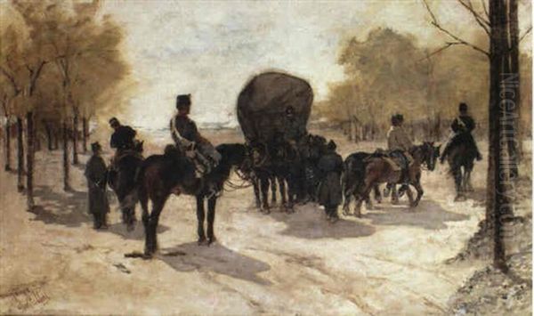 Soldiers With Horses Near A Forest Oil Painting by Giovanni Fattori