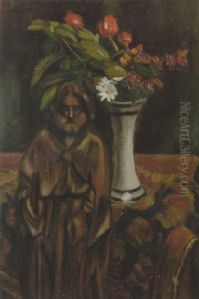 A Still Life With Flowers And A Sculpture Oil Painting by Henri Le Fauconnier