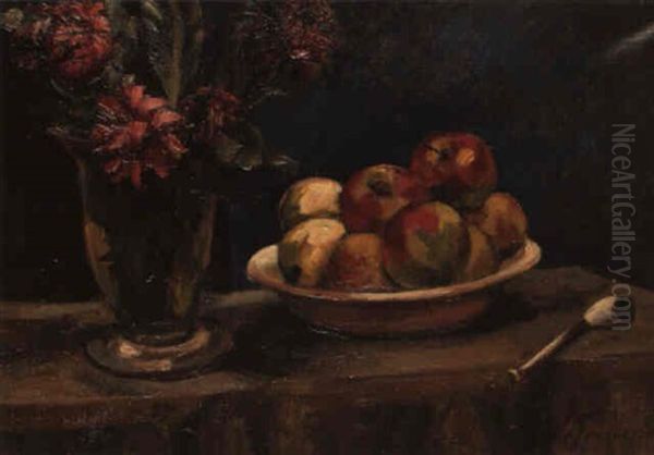 Nature Morte Aux Pommes Et Vase De Fleurs Oil Painting by Henri Le Fauconnier