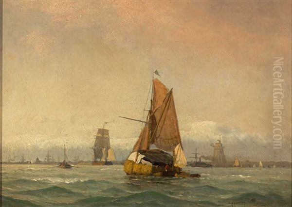 Segelschiffe Und Dampfer Vor Hafeneinfahrt by Viggo Fauerholdt