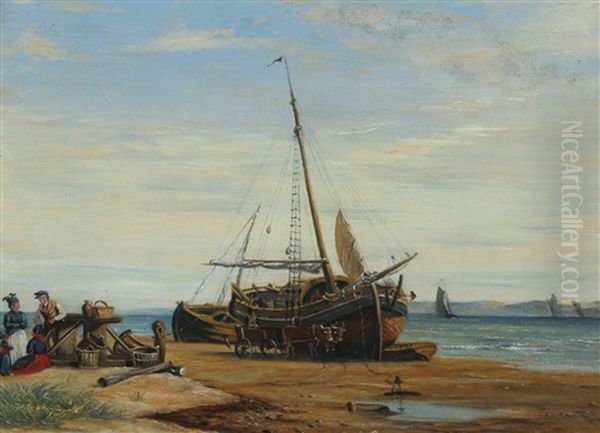 Den Store Faergebad Pa Nordby Strand Og Udsigt Til Kleverne Ved Esbjerg Oil Painting by Viggo Fauerholdt