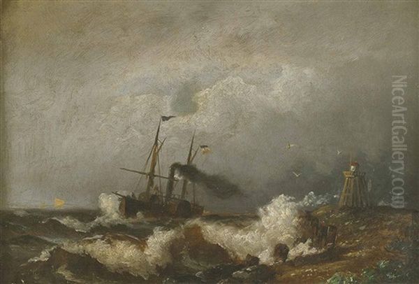 Marineschiff Des Deutschen Reichs Bei Rauer Brandung Auf Der See Oil Painting by Viggo Fauerholdt