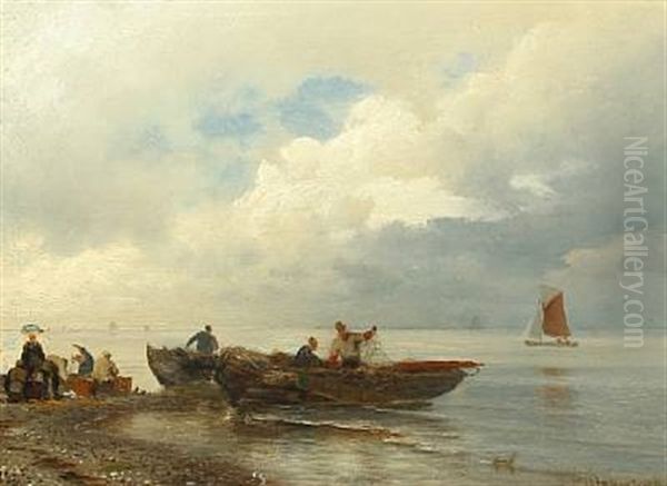 Coastal Scene With Working Fishermen Oil Painting by Viggo Fauerholdt