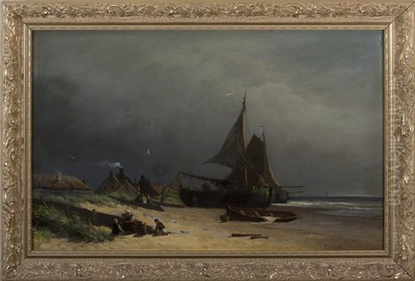 Fishing Boats On A Shore Oil Painting by Viggo Fauerholdt