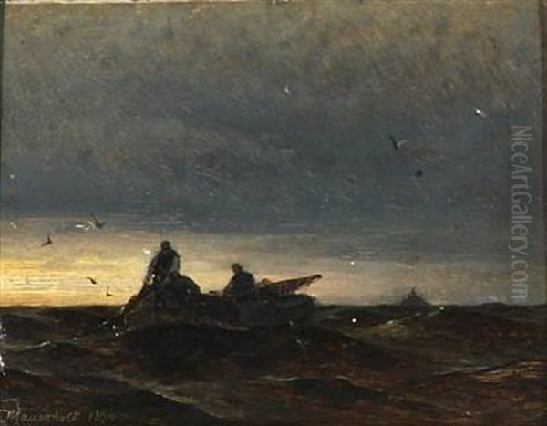 Fishermen On The Ocean At Sunset Oil Painting by Viggo Fauerholdt