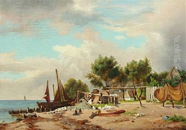 Scenery From Fishing Village Oil Painting by Viggo Fauerholdt