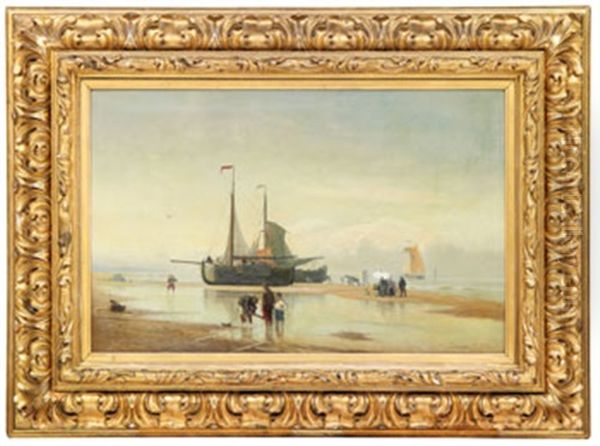 Strandlandskap Med Figurer Och Fiskebatar Oil Painting by Viggo Fauerholdt