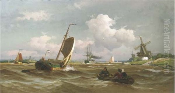 Shipping On A Dutch River Oil Painting by Viggo Fauerholdt