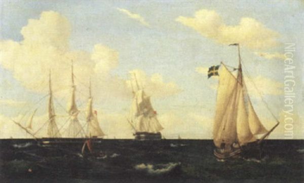 Marine Med Svensk Og To Danske Sejlskibe Oil Painting by Viggo Fauerholdt