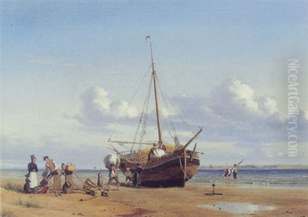 Folkeliv Ved Optrukket Bad Pa Stranden, Fano Oil Painting by Viggo Fauerholdt