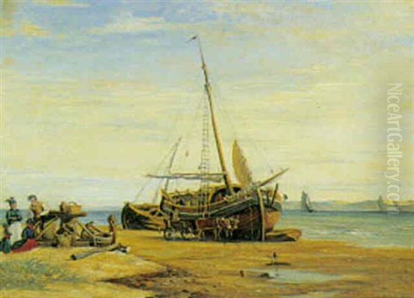 Parti Fra Fano Eller Mando Med Optrukke Bade Pa Stranden Oil Painting by Viggo Fauerholdt