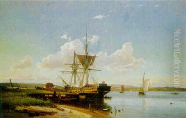 Marin Med Lastande Skepp Samt Segelbatar Oil Painting by Viggo Fauerholdt