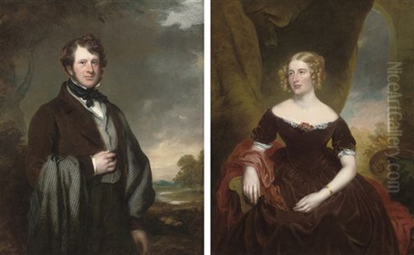 Portrait Of Sir Digby Cayley, 7th Bt. In A Brown Coat, A Landscape Beyond (+ Portrait Of Lady Cayley In A Maroon Dress, A Landscape Beyond; Pair) Oil Painting by Benjamin Rawlinson Faulkner