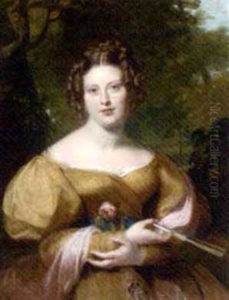 Portrait Of Mrs Peel Wearing A Gold Dress With A Pink Shawl, Holding A Rose And Fan, A Landscape Beyond Oil Painting by Benjamin Rawlinson Faulkner