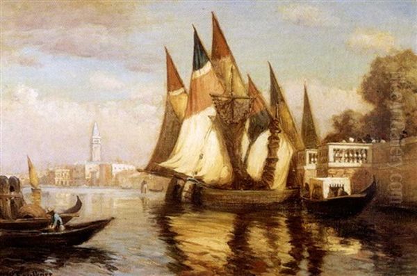 Bateaux Amarres Aux Jardins Francais A Venise Oil Painting by Herbert W. Faulkner