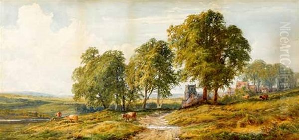 A By-way, Chashorn, Hants, With Cattle Near A Church Oil Painting by John Faulkner