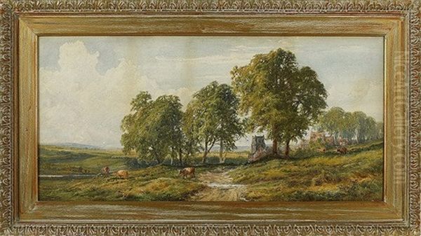 A By-way Chashorn, Hants, With Cattle Near A Church Oil Painting by John Faulkner