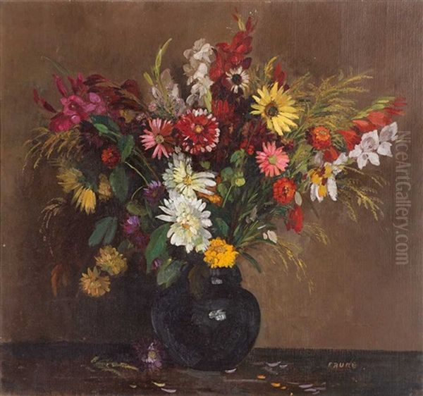 Sommerblumenstraus In Blauer Kugelbauchvase Oil Painting by Amandus Faure