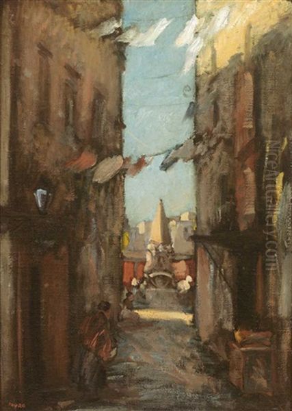 Gasse In Neapel, Mit Durchblick Auf Platz Mit Obelisk Und Brunnen Oil Painting by Amandus Faure