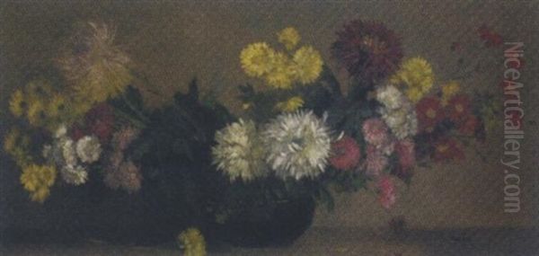 Chrysanthemums And Marigolds In A Vase Oil Painting by Amandus Faure