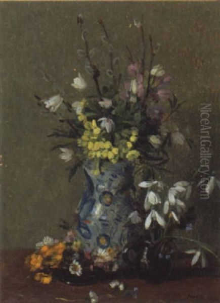 Fruhlingsstilleben Mit Buschwindroschen, Katzchen Und Schneeglockchen Oil Painting by Amandus Faure