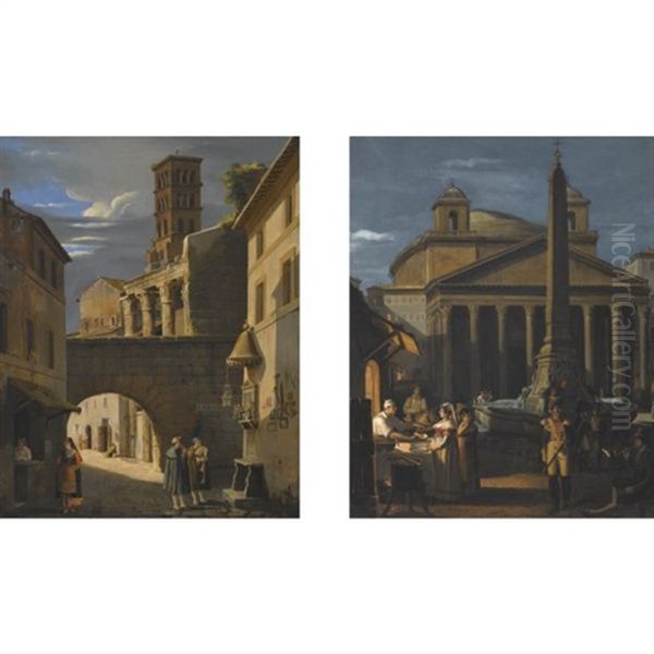 Rome, A Street Scene Near The Pantheon With Figures Making Music Before An Altar  (+ Rome, A Night View With Figures And Soldiers In Front Of The Pantheon, Smllr; Pair) Oil Painting by Jean Victor Louis Faure