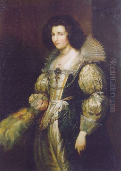 Portrait Of Maria Louisa De Tassis Wearing A Gold Embroidered White Satin Dress With Slashed Sleeves Oil Painting by Carl Faust