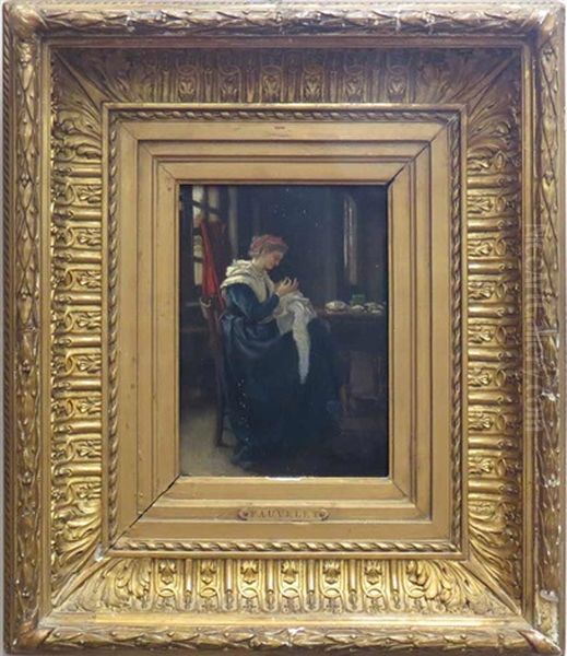 Interior Genre With Woman Sewing Oil Painting by Jean Baptiste Fauvelet