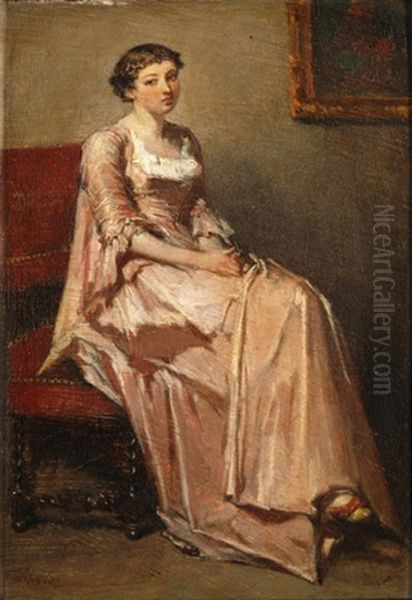 Nachdenkliche Junge Frau In Rosa Seidenkleid Oil Painting by Jean Baptiste Fauvelet