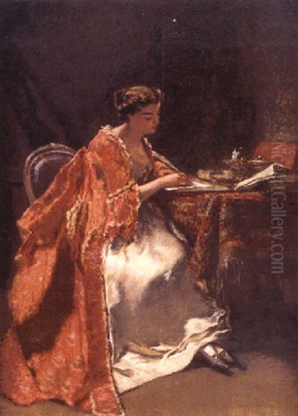 Jeune Femme Lisant Dans Un Interieur Oil Painting by Jean Baptiste Fauvelet