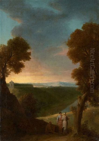 Trois Personnages Dans Un Paysage Classique by Henri-Antoine de Favanne