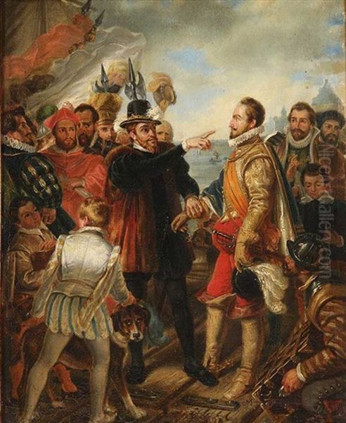 A Regent And Explorer - Possibly King Ferdinand Ii And Ponce De Leon Oil Painting by Antoine Pierre Charles Favart