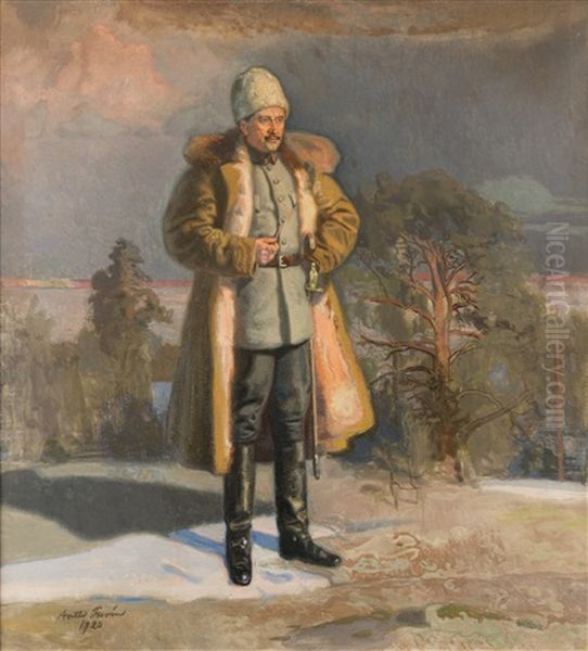 Mannerheim Watching The Siege Of Tampere From The Cliffs Of Vehmainen Oil Painting by Antti Faven