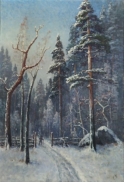 Skier On A Wintry Forest Path Oil Painting by Ellen Favorin