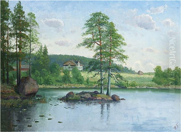 House By A Lake Oil Painting by Ellen Favorin