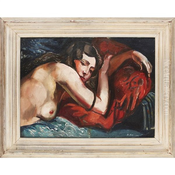 Woman Sleeping On A Red Cushion Oil Painting by Andre Favory