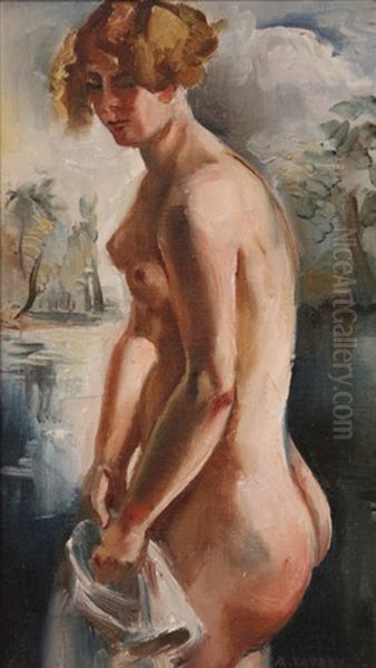 Nude By A River Oil Painting by Andre Favory