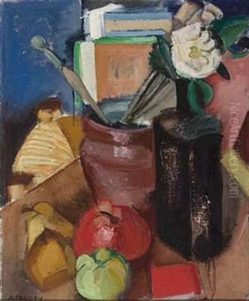 Stilleben Med Frukt, Pensler Og Blomster Oil Painting by Andre Favory