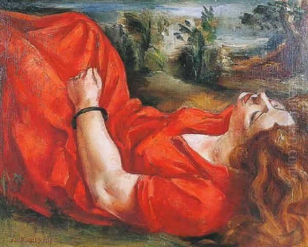 Femme A La Robe Rouge Allongee Oil Painting by Andre Favory