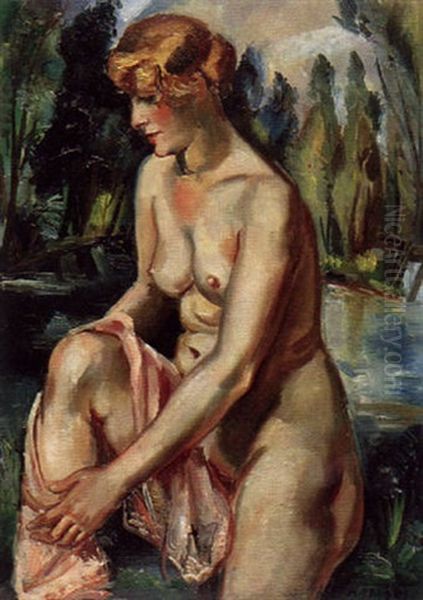 Femme Sortant Du Bain Oil Painting by Andre Favory