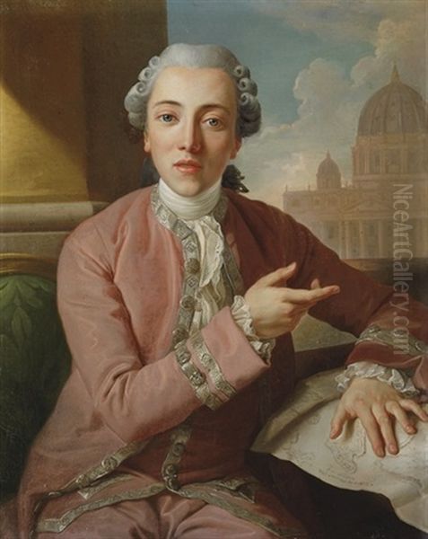 Portrait Of A Gentleman In A Silver-trimmed Pink Coat And A Powdered Wig Oil Painting by Antoine de Favray